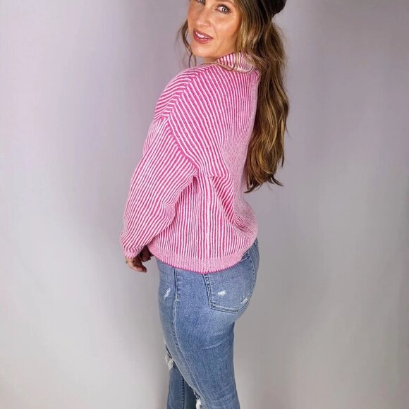 024 - Pink Ribbed V-Neck Sweater - Picture 3 of 3